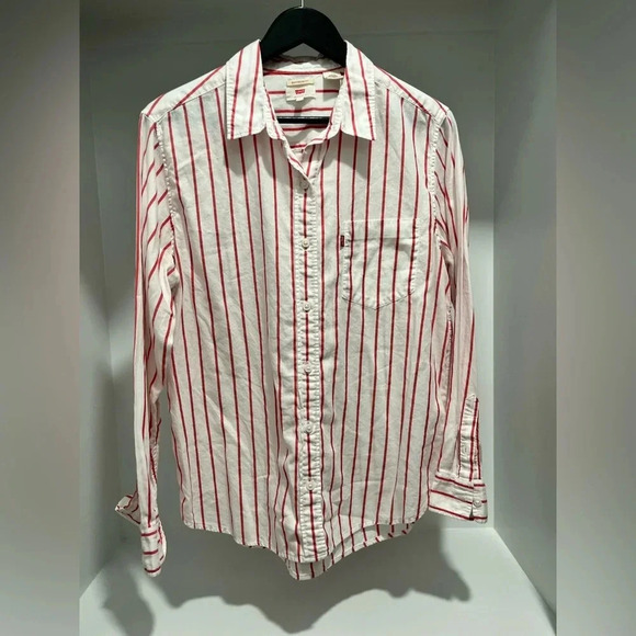 LEVI’S ULTIMATE BOYFRIEND striped cotton shirt White with Red Pinstripes large - Picture 1 of 8